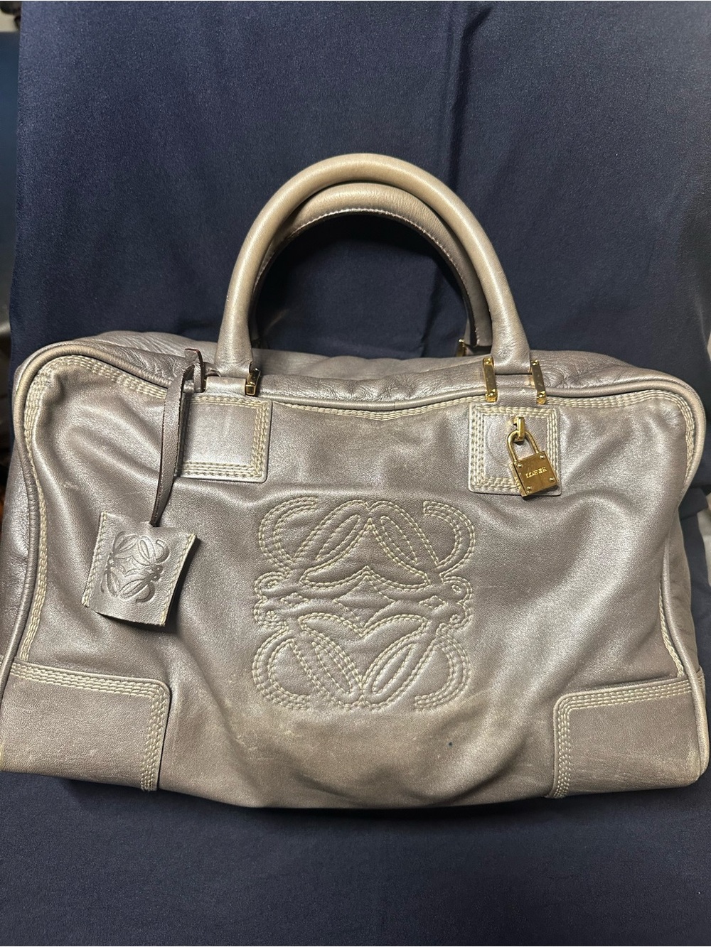 Loewe Amazona Metallic Silver Embossed Anagram Top-Handle Bag
